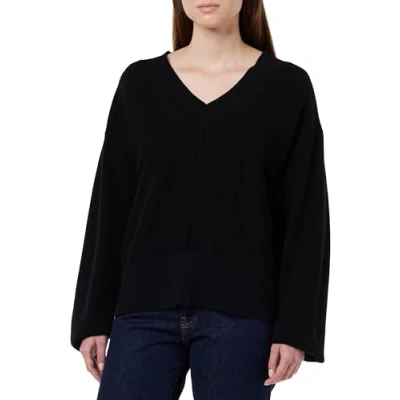 Image de YAS Emilie Ls Pull en Tricot à col V S.Noos, Noir, L Femme