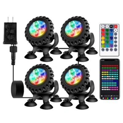 Image de Éclairage de bassin LED sous marin, Lumière piscine avec télécommande et application Bluetooth, RGB, IP68 étanche ventouse, Idéal pour piscine, cascade, étang jardin, aquarium (4 en 1)