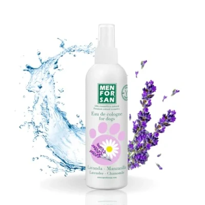 Image de MENFORSAN Eau de Cologne pour chiens Lavande/Camomille Arôme intense et rafraîchissant Effet déodorant Avec des ingrédients très doux qui n&#039;irritent pas la peau Au pH neutre 125 ml