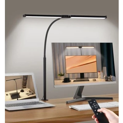 Image de LIBORA lampe de Bureau LED，Double tête bureau， 5 Modes Couleur Niveaux Luminosité，Col cygne flexible et Peu encombrante pince，lampe table（Noir）