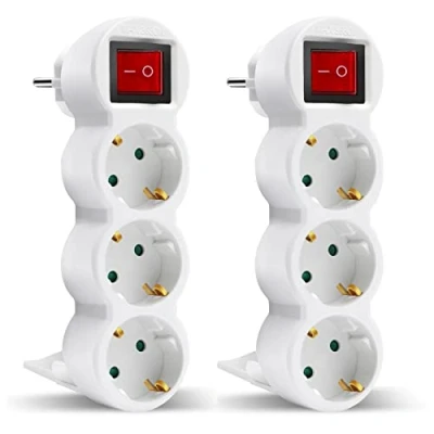 Image de EXTRASTAR Adaptateur plat 3 en 1 avec interrupteur et trois prises Schuko, jusqu&#039;à charge 3680 W, 16 A, 250 V, blanc, 2 pièces