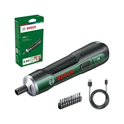 Image de Bosch Home and Garden Visseuse sans fil Kit de démarrage PushDrive (3,6 V ; 1,5 Ah 5,0 Nm 10 embouts vissage avec câble chargeur micro USB livré dans un carton)