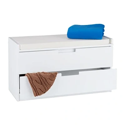 Image de Relaxdays Banc à chaussures, commode rangement, Banquette 2 tiroirs, Meuble entrée, couloir, HLP 45 x 80 36 cm, blanc