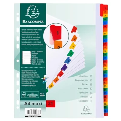 Image de Exacompta Réf. 4131E Carton de 10 Intercalaires en carte blanche 160g/m2 FSC® avec 31 onglets imprimés numériques 1 à couleur Page d&#039;indexation imprimable Format classer A4 maxi