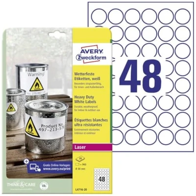Image de AVERY Zweckform L4716 20 Lot de 960 étiquettes autocollantes résistantes aux intempéries (960 adhésives Ø 30 mm sur A4, extrêmement fortes, imperméables, durables, imprimables pour