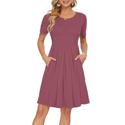Image de AUSELILY Robe décontractée à Manches Courtes plissée avec Poches Longueur Genou S,Mauve