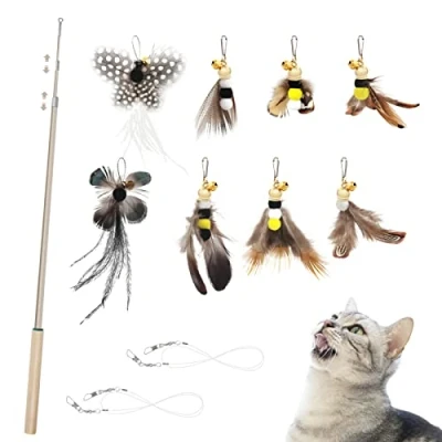 Image de SONGWAY Jouet à Plumes pour Chat 9 Pièces Rétractable Canne a Peche Jouet, Bâtons de Baguette avec 8 Insecte Rechange Clochettes, Interactif l&#039;intérieur Chats et Chatons