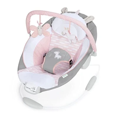 Image de Ingenuity, Transat et Siège Sauteur Flora la Licorne, 8 Mélodies, Vibrations Apaisantes, Arche de Jeu Amovible, 2 Jouets D’activités, Ultra Doux, Rose, Dès Naissance à 9 kg