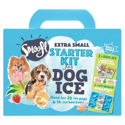 Image de Smoofl Kit Friandises pour Chien : Set de Glace avec 2 Mélanges Goût Fraise et Beurre Cacahuètes 1 XS Moule en Silicone 20 Bâtonnets à Mâcher