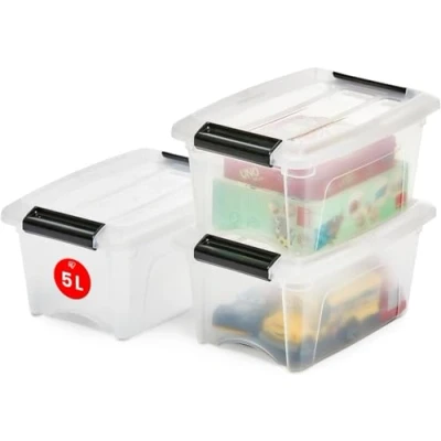 Image de Iris Ohyama, Petite Boite Rangement Plastique avec Couvercle, 5L, Lot de 3, Transparent, Clips Fermeture, Poignée, Empilable, Organisation Solide &amp; Durable, pour Chambre, Dressing, Bureau, NTB 5