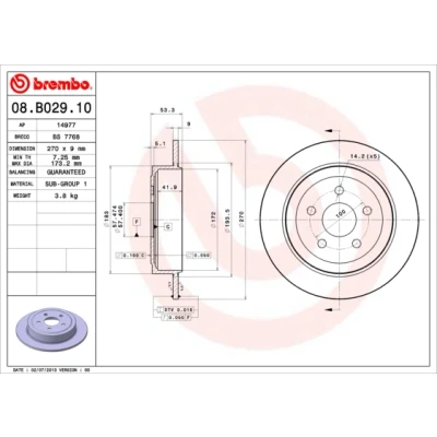 Image de BREMBO 08.B029.10 Disque de frein 270 9 5 plein CHRYSLER: PT Cruiser Break, Stratus Cabriolet, Cabriolet