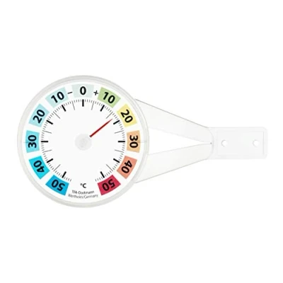 Image de TFA Dostmann 14.6019 Thermomètre analogique pour fenêtre avec lecture facile de la température extérieure, résistant aux intempéries, tampon adhésif, à suspendre, transparent, multicolore