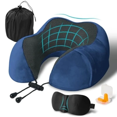 Image de FANHOMAS Coussin de nuque, en mousse à mémoire forme, forme U, pour adulte, avec masque sommeil et bouchons d&#039;oreilles, avion, voiture, bureau, rose