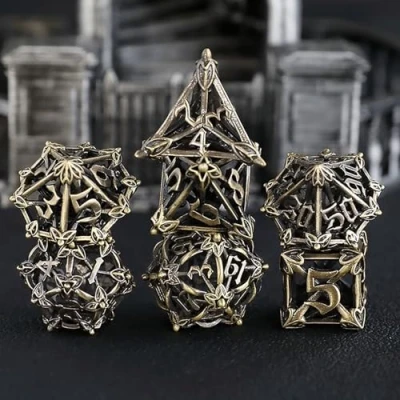 Image de Lot de 7 Dés Métal DND Jeux Role Donjons et Dragons Creux Fleur D&amp;D Dice, Jeu Polyédrique D4 D6 D8 D10 D12 D20 D%