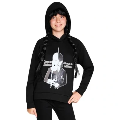 Image de Wednesday Sweat à Capuche Fille, Pull Mercredi Addams Fille 7 16 Ans, Idée Cadeau Vetement Mode Enfant Ado (Noir/Addams, 9 10 Ans)