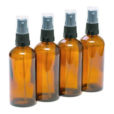 Image de LOT de 4 Flacons en verre AMBRE 100 ml avec spray ATOMISEUR noir. Utilisation pour les huiles essentielles/et aromathérapie