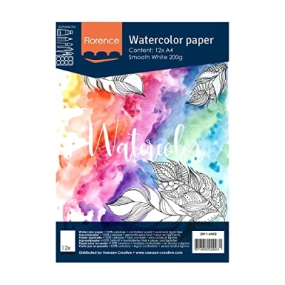 Image de Vaessen Creative Papier Aquarelle Florence Pressé à Chaud A4, Blanc Intense, 200 GSM, Qualité d&#039;artiste, Surface Lisa, 12 Feuilles pour Peindre, Handlettering, Projets d&#039;art et Plus