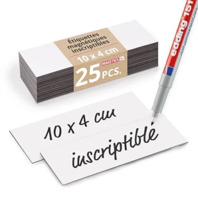 Image de Magstick® étiquettes magnétiques 25 pièces I 10 x 4 cm réutilisables peuvent être découpées et nettoyées bandes pour tableau blanc y compris un marqueur non permanent mag_069
