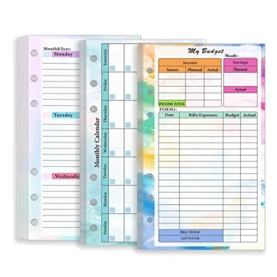 Image de Zelten Recharge de papier perforé multicolore 45 feuilles 90 pages Pour reliure à 6 trous Journal intime rechargeable (A6, Budget Weekly Monthly Planner)