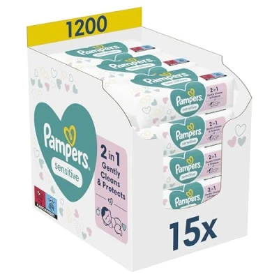 Image de Pampers Sensitive, 1200 Lingettes Pour Bébé (15x80), Sans Alcool ni Parfum, Certifié OEKO TEX, Une Toilette Douce Et Délicate