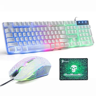 Image de Ensemble Clavier et Souris de Jeu avec QWERTY Filaire rétroéclairé LED Arc en Ciel Sensation mécanique USB 2400DPI 6 Boutons Optique Ciel+Tapis