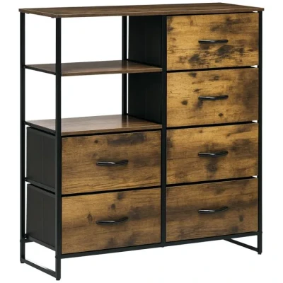 Image de HOMCOM Meuble de Rangement, Commode, Buffet Rangement Style Industriel 6 tiroirs Pliables 2 étagères Acier et Bois 84 x 30 92 cm