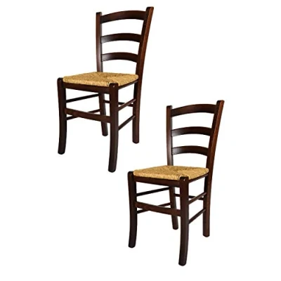 Image de t m c s Tommychairs Set 2 chaises Venezia pour Cuisine, Bar et Salle à Manger, Robuste Structure en Bois de hêtre peindré Couleur Noyer foncé Assise Paille