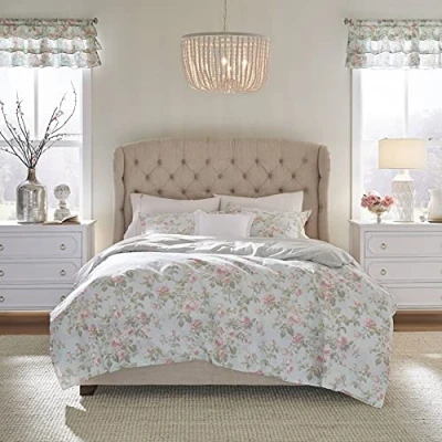 Image de Laura Ashley Home Parure de lit Double réversible en Coton avec taie d&#039;oreiller Assortie, Respirante pour Toutes Les Saisons (Bleu Madelynn, Simple)