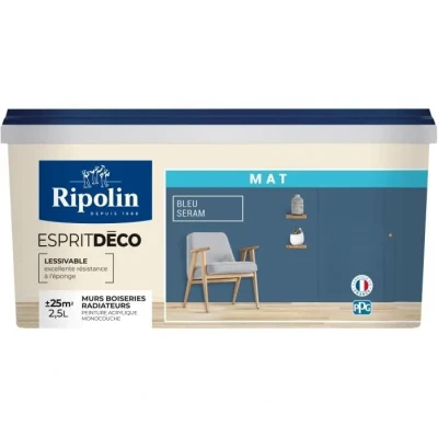 Image de RIPOLIN Peinture Intérieure Multi Supports Murs, Boiseries et Radiateurs Ultra Couvrante Lessivable Application Facile Ecolabel Aspect Mat 2.5L Bleu Seram