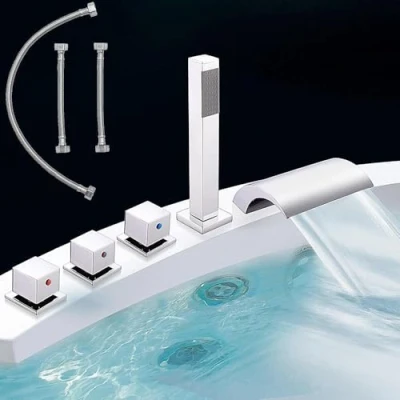 Image de Melko Robinet de baignoire chromé à 5 trous avec bec cascade et douchette main