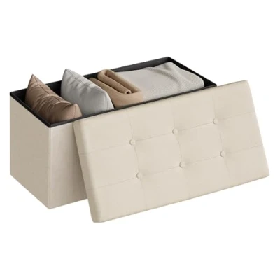 Image de WOLTU SH10cm 1 Tabouret Banc de Rangement en Lin,Pouf Pliable Cube Coffre 76x37,5x38cm,Crème Blanc