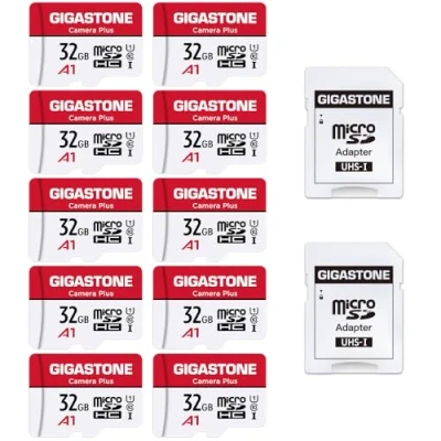 Image de Gigastone Carte Mémoire 32 Go Lot de 10 Cartes, Caméra Plus Série, Vitesse allant jusqu&#039;à 90 Mo/s. idéal pour Full HD Video Gopro Drone Caméra, U1 Micro SDHC avec Mini Coque et Adaptateur SD.