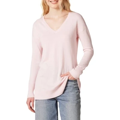 Image de Amazon Essentials Pull Tunique Léger À Manches Longues Et Col En v (Disponible Grande Taille) Femme, Rose Clair, L