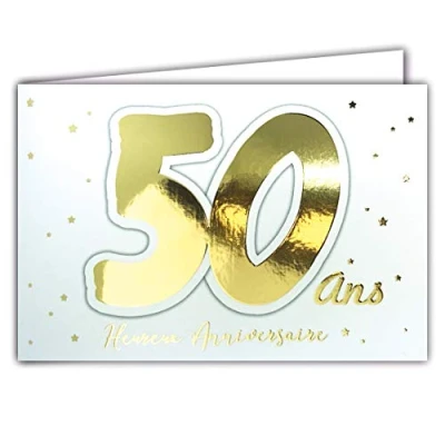 Image de Afie 69 2205 Carte 50 ANS Heureux ANNIVERSAIRE étoiles qui brillent en or doré sur fond blanc ; Livrée avec enveloppe Format fermée 17x11,5cm