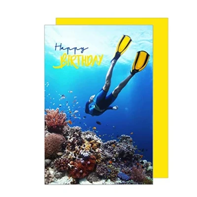 Image de Edition Seidel Carte d&#039;anniversaire de qualité supérieure avec enveloppe. vœux Billet Happy Birthday motif corail et plongée en apnée (G3485 SW023)
