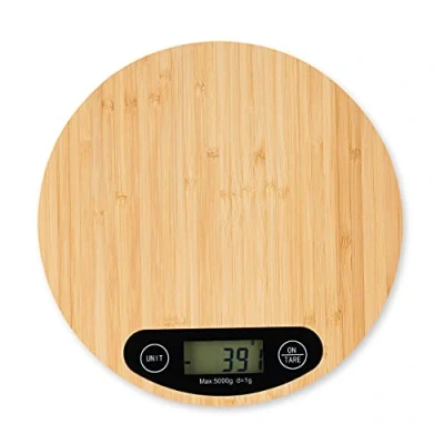 Image de Relaxdays Balance Cuisine Bambou numérique, écran LCD, Fonction Tare, supporte Jusqu’à 5 kg, Ronde, Ø 20 cm, Nature, 1 unité