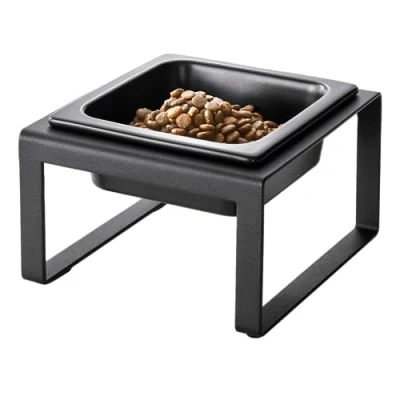 Image de Yamazaki 5817 Tower Support de Bol à Nourriture pour Animaux domestiques Simple, Noir, Acier/Céramique, Minimaliste, 15 x 15.5 10 c m