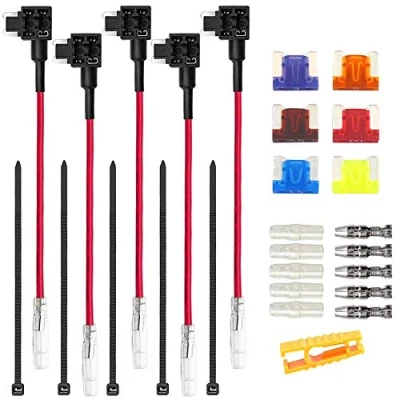 Image de Aiqeer 5 Pièces 12V / 24V Profil Bas Add a Circuit Porte Fusible, Fusible à Lame de Voiture avec Fil 16 AWG, Gratuit 6 Fusibles Micro et Extracteur (Borne Bout Bout)