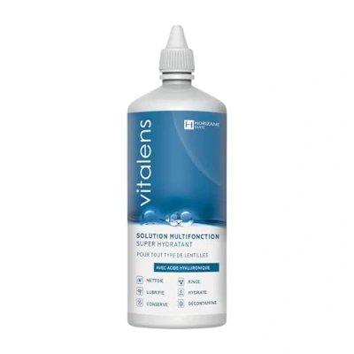 Image de VITALENS Produit multifonction pour lentilles de contact souples Décontamine, nettoie, rince, déprotéinise, hydrate et conserve Solution à l’acide hyaluronique Format cabine avion 100ml