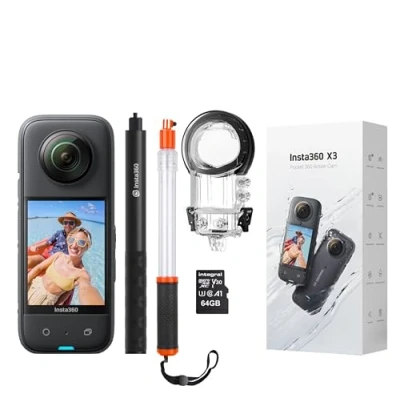 Image de Insta360 X3 Kit de plongée pour caméra d&#039;action à 360 degrés avec boîtier étanche 50 m + Perche Selfie Invisible Flottante Transparente Carte mémoire Micro SDHC 64 Go