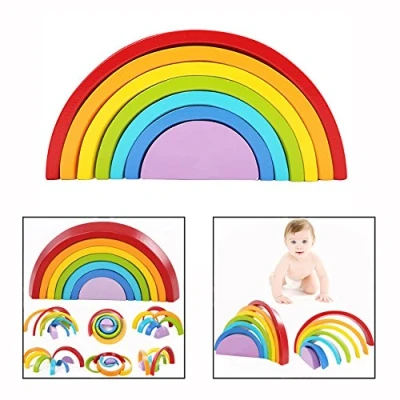 Image de Cisixin Arc en Ciel Jouet, Tour Empilage Blocs de Construction Multicolore Bois Jouet pour Enfants