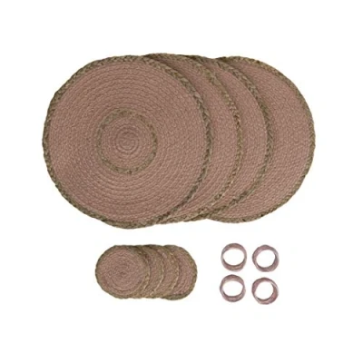 Image de Penguin Home® Set de 12 sets table en jute,Sous verres et anneaux serviette Couleur fard à joues ronds Fabriqué la main par des artisans indiens qualifiés D 32cm