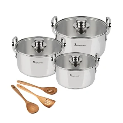 Image de MasterPro Smart Batterie de cuisine 6 pièces et 3 ustensiles faitouts poêles en acier inoxydable Ensemble 11,7 L, 6,5 L 3,1 Pour tous les types cuisinières