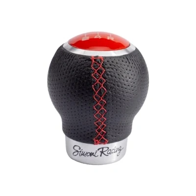 Image de Simoni Racing REV/CR Poignée de Levier Vitesses, Universelle pour Voitures, en Cuir synthétique perforé, Noir, avec Inserts Aluminium chromé et Coutures Rouges