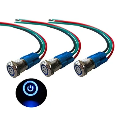Image de QitinDasen 3Pcs Premium 12V / 24V 3A Interrupteur à Bouton Poussoir Auto Bloquant, Commutateur 12mm, Bleu LED Etanche IP66 avec Fil de Prise Courant