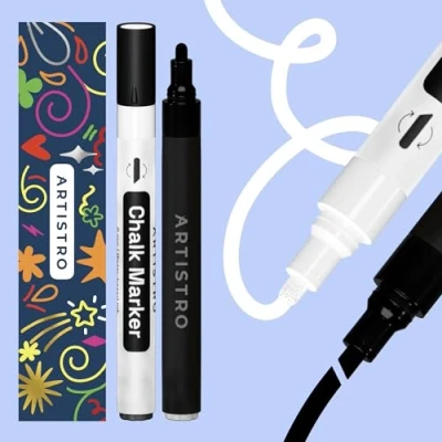 Image de ARTISTRO 2 Marqueurs à Craie Néon Blanc et Noir Stylos Effaçables avec Pointe Réversible de 6 mm pour Tableau Noir, Craie, Liquide Idéaux Restaurants.