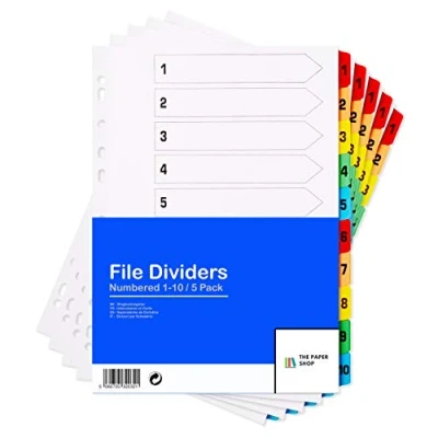 Image de [Lot de 5] Intercalaires Classeur A4 10 onglets numérotées 1 avec couleur renforcés multi perforés 150 g/m²