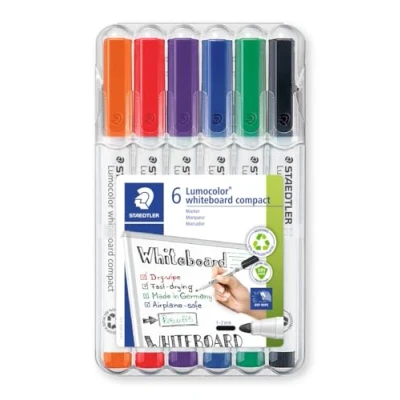 Image de Staedtler Lumocolor 341 Etui Chevalet Box 6 Marqueurs Compacts Effaçables À Sec Pointe Ogive 1 2 Mm Assortis