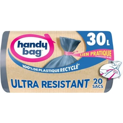 Image de Handy Bag sacs poubelle à Lien Pratique Ultra Résistant 30L x 20 Fond anti fuite Étanchéité maximale attaché en haut du sac 100% plastique recyclé