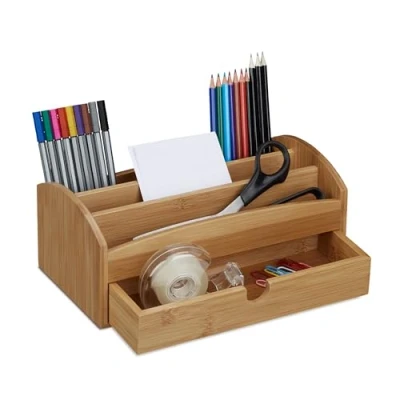 Image de Relaxdays Distributeur de bureau 4 compartiments 1 tiroir porte crayons bloc notes organiseur fournitures HxlxP: 11 x 27, 5 15 cm bambou, nature